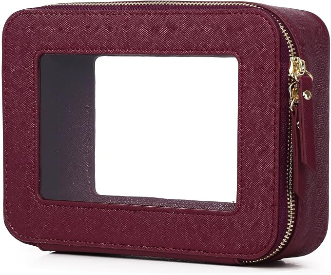 Pinkmik Clear Makeup Bag, (Burgundy, M) | Waterproof, Travel Cosmetics and Toiletries Case, Portable Makeup Organizer, Clear Car Bag with Zippe by Pinkmik