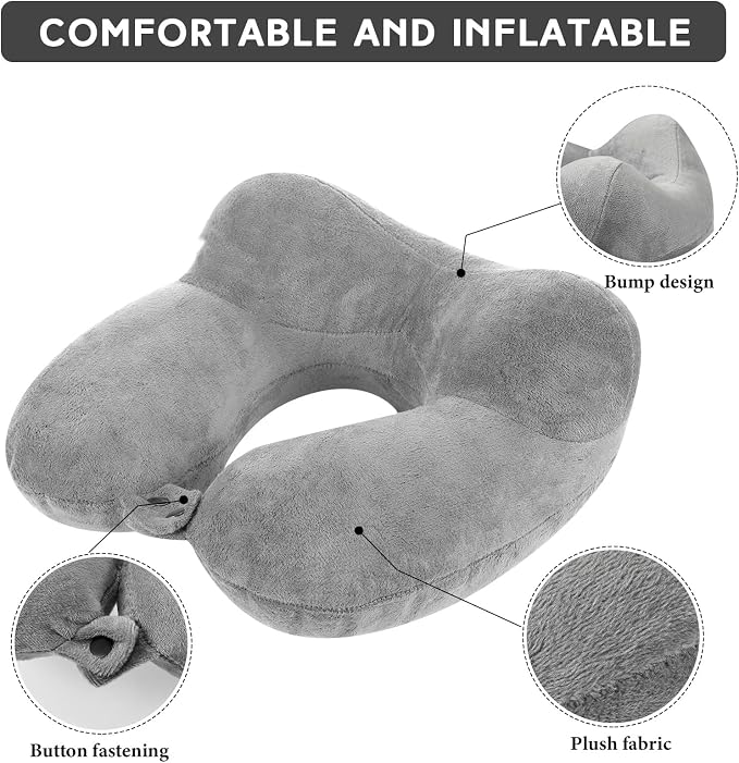 Sintuff 2 Pack Inflatable Travel Pillow for Airplanes Inflatable Neck Flight Pillows with Compact Bag and Blindfold for Traveling, Airplane, Train, Car, Office(Gray) - Image 3
