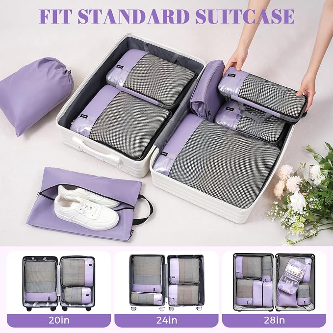 BAGAIL 4 Set/6 Set/8 Set Compression Packing Cubes Travel Accessories Expandable Packing Organizers(HalfMesh,8-Dusty Purple) - Image 9