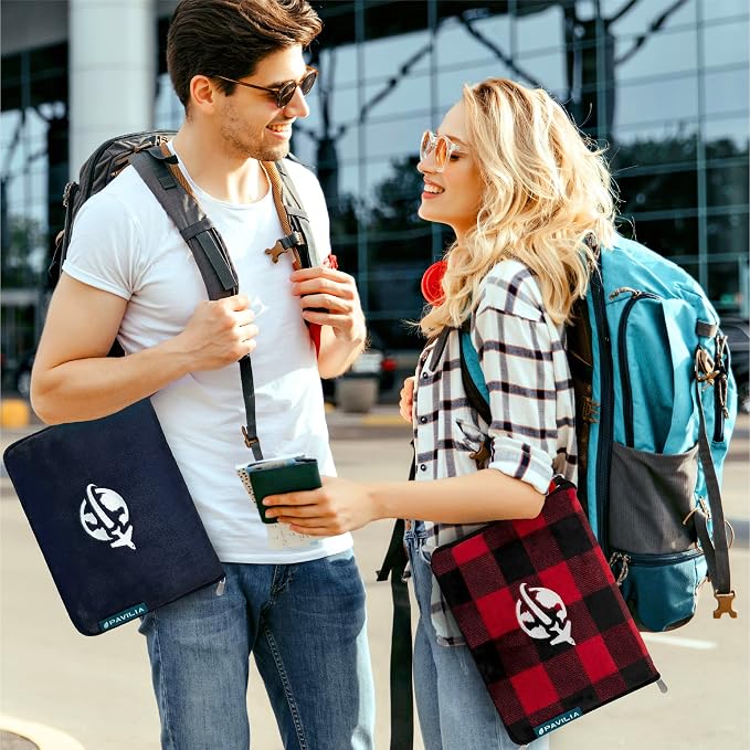 PAVILIA Travel Blanket and Pillow, Arms Opening Airplane Blankets for Adults, Compact Plane Blanket with Arm Hole 2-in-1 Bag for Flight Car Camping Luggage Backpack Traveler Gift, Checkered Red - Image 9