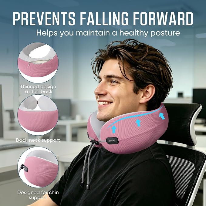 Premium Travel Neck Pillow Cooling Ice Silk Memory Foam Cervical Pillow for Airplane & Long Flights, Ergonomic Neck Support for Sleeping & Pain Relief, Washable Cover, Compact Carry Case (Pink) - Image 3