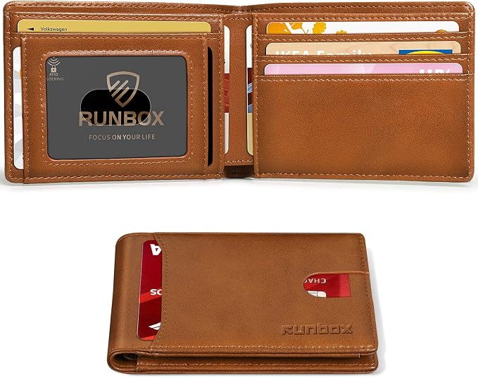 RUNBOX Wallet for Men, Slim Leather Bifold, RFID Blocking Card Holder | Minimalist Front Pocket Design, Credit Card Organizer, Holds 11 Cards, Large Capacity, Thin Profile, Birthday Gifts for Men by RUNBOX