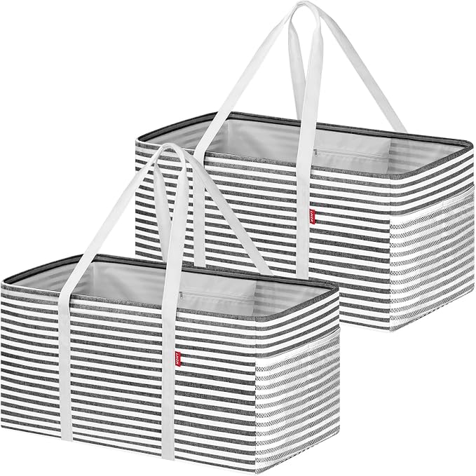 LHZK 2 Pack Extra Large Utility Tote Bag with Metal Wire Frame and the Sides Rinforced, Extra Large Tote Bag with Handle, Reusable Grocery Bags Foldable, Beach Bag, Car Tote, Grey, 26''x15''x13'' by LHZK