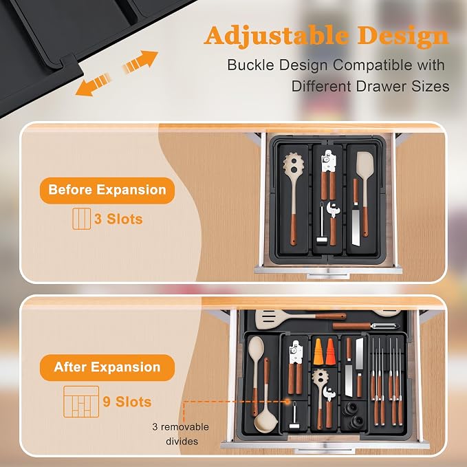 Large Utensil Drawer Organizer for Kitchen, Expandable Silverware Organizer Utensil Holder, Cutlery and Flatware Cooking Tray, Kitchen Drawer Organizers and Storage with Removable Knife Block, Black - Image 3