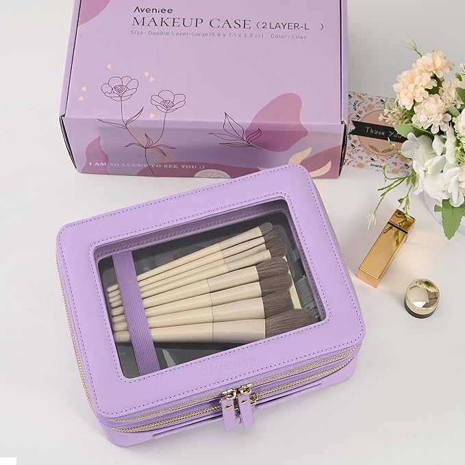 Aveniee Clear Makeup Bags, Double Layer Cosmetic Bags with a Separate Brush Compartment, Large Travel Toiletry Bag Train Case for Women, Travel Accessories Organizer.2 Layers Large, Lilac - Image 6