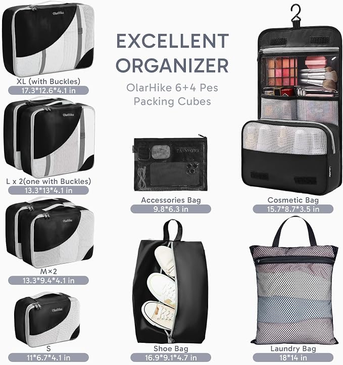 OlarHike 10 Set Packing Cubes for Travel,Gifts for Women Mom,Anti-Tearing Suitcase Organizer,with Over 1000 pcs Mesh Holes,Vacation Essentials & Accessories for Cruise Ship - Image 2