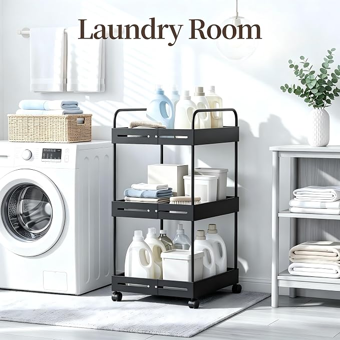 Extendable 3 Tier Heavy Duty Metal Utility Cart for Bath, Black | Adjustable Storage Slim Cart | with 360° Swivel Wheels Cart | Detachable | Perfect for Laundry, Kitchen, Office, Garage - Image 7
