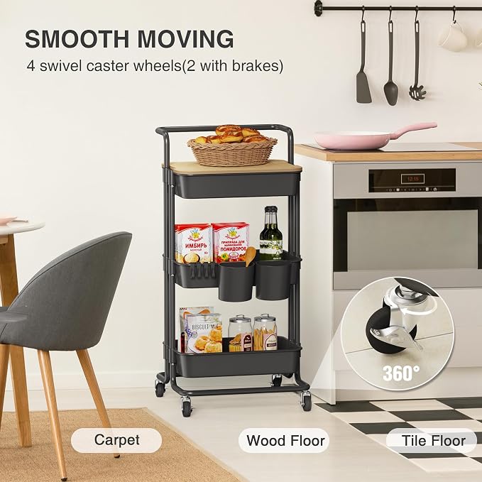 DTK 3 Tier Rolling Cart Uility Cart with Cover Board, Mobile Storage Cart with Wheels, Cups, Hooks for Office Utility Kitchen Bathroom Homeschool Art Craft Postpartum Teacher Cart Organizer(Black) - Image 4