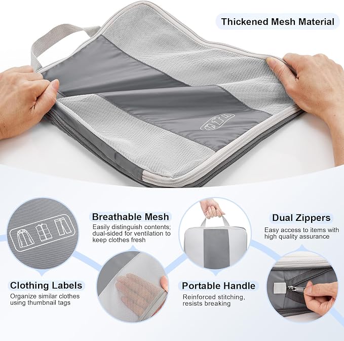 OlarHike 10 Set Compression Packing Cubes for Travel Essentials,Compressible Expandable Space Saver Bags for Organizing Clothes,Luggage Suitcase Garment Bags with Over 1000 pcs Mesh Holes(Gray) - Image 6