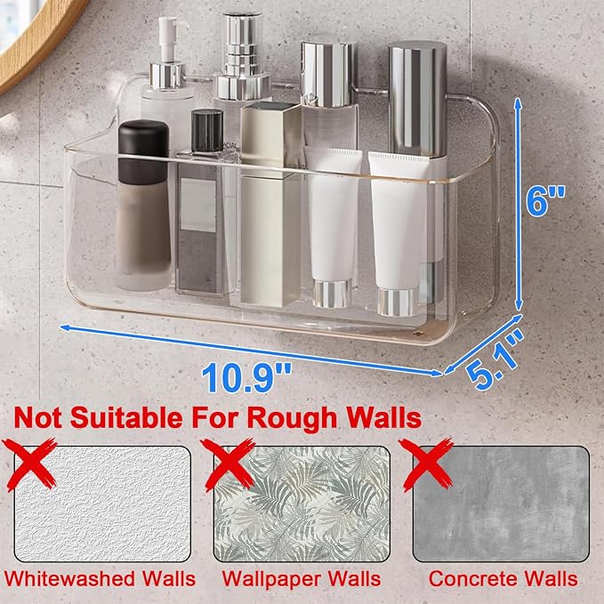 Wall Mount Organizer, Large Adhesive Wall Self - Bathroom Shelf | Adhesive Bathroom Shelves with Self Adhesive Tape Clear Shelf for Bathroom, Kitchen - Large Size - 5.1"D x 10.9"W x 6"H - Image 2