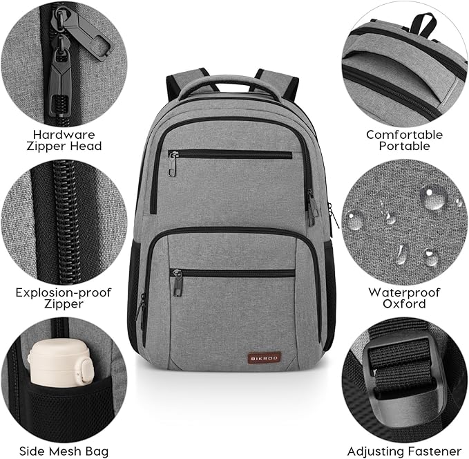 BIKROD Backpack for Men and Women, School Backpacks Water Resistant Back Pack, TSA Travel Backpack, Business Anti Theft Sturdy Computer Bag Gifts Fits 17.3 Inch Laptop, Grey - Image 3