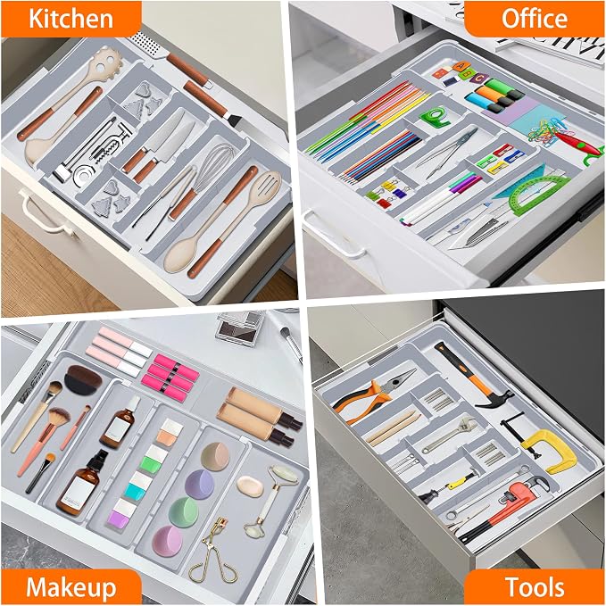Large Utensil Drawer Organizer Expandable Silverware Organizer for Kitchen Drawer Adjustable Cooking Utensil Holder Cutlery Flatware Tray Spatula Tools Gadgets Storage Dividers Plastic Grey - Image 9