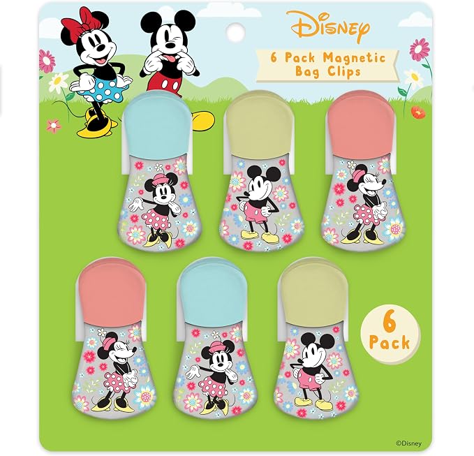 Disney Mickey & Minnie Magnetic Chip Clips, Set of 6 | Airtight food storage bag clips for snack, cereal, and coffee bags, great for pantry and fridge, magnet displays kids artwork by BestBrands