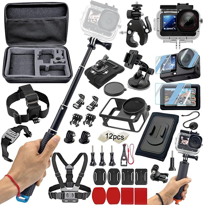 Accessories Kit for DJI OSMO Action 6, Large Carrying Case, Waterproof Housing Case, Handlebar Clamp, Screen Protector, Selfie Stick, Chest Head Strap, Backpack Belt, Floaty Bobber, Suction Cup by Unknown