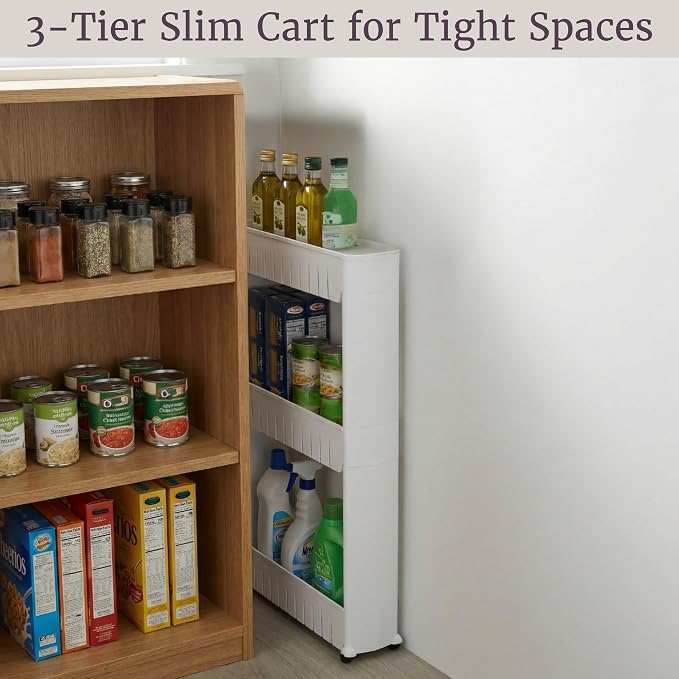 Lavish Home 3 Tier Shelf Rolling Cart - Narrow-Space Kitchen or Bathroom Shelf Organizer Cart - Slim Slide-Out Storage Shelves for Kitchen, Bathroom, Laundry and Pantry - Image 5