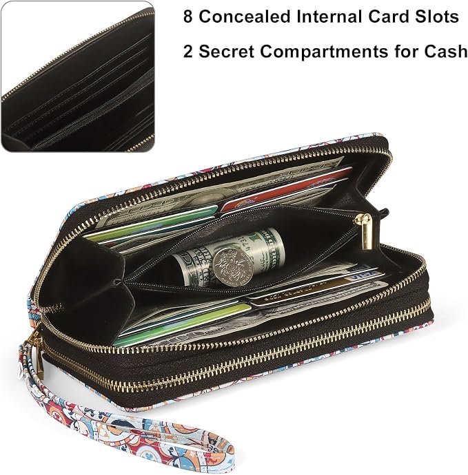 RFID Blocking Cellphone Wallet for Women with Removable Strap, Double Zipper Wristlet Bag Large Capacity, Ladies Travel Clutch Purse, Artistic Flower - Image 4