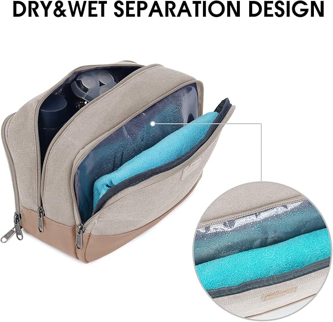 WANDF Travel Toiletry Bag for Men, Canvas Shaving Dopp Kit | Wet Separation, Water-Resistant Fabric, Travel Bag for Toiletries, Shaving Accessories, Weekend Trips - Image 3