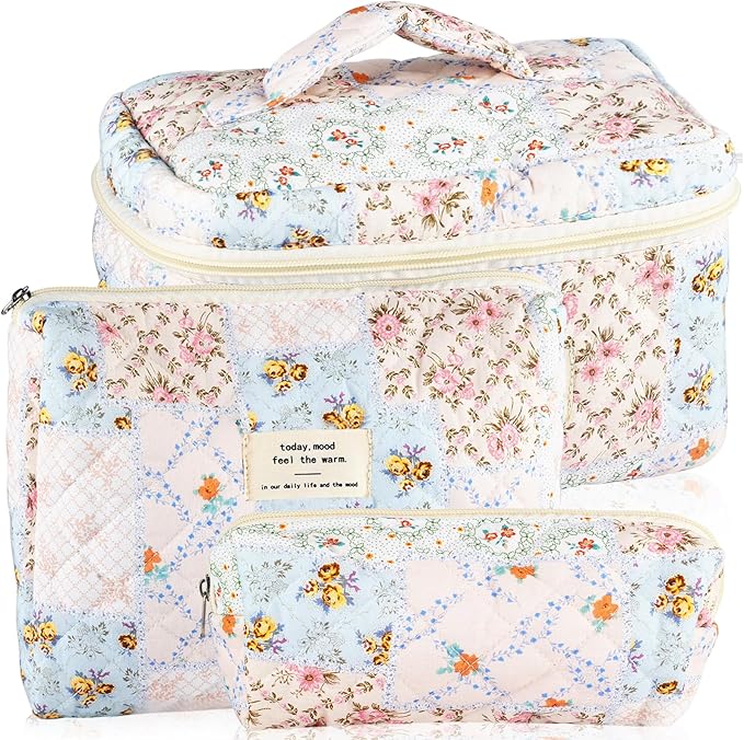 URSKYTOUS 3Pcs Cotton Quilted Makeup Bag for Women Girls Large Small Travel Floral Cosmetic Bags Set Cute Coquette Makeup Pouch for Purse Aesthetic Cloth Bee&Flower Storage Toiletry Bag Organizer by URSKYTOUS