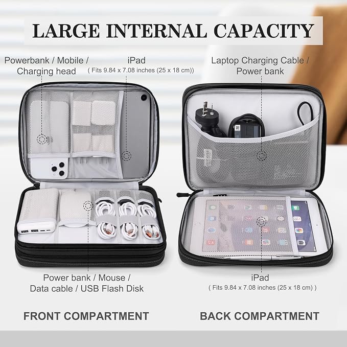 FYY Electronic Organizer, Travel Tech Pouch Bag, Extra Large, Black | Wrist Strap, Waterproof, Double Layers Electronics Travel Case for iPad, Cord, Laptop Charger, Daily and Business Trips Use - Image 3