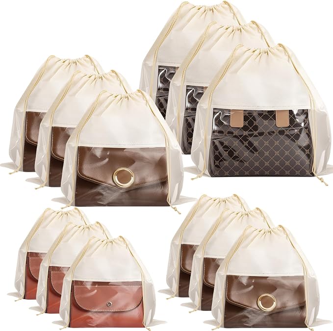 12 Pcs Shoe Bags for Travel, Beige Dust Bags for Handbags, 4 Size | Dustproof Drawstring Bags, Breathable Non Woven Fabric Storage Bag for Handbags Shoes Purses by Unknown