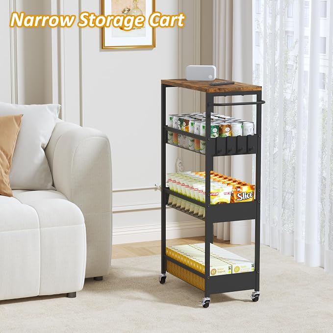 Vincona 9.1" Wide Slim Rolling Utility Cart, 4 Tier Metal Narrow Storage Cart with Handle and Wood Top, Multifunctional Small Mobile Shelf Unit Organizer Trolley for Laundry, Bathroom, Kitchen - Image 5