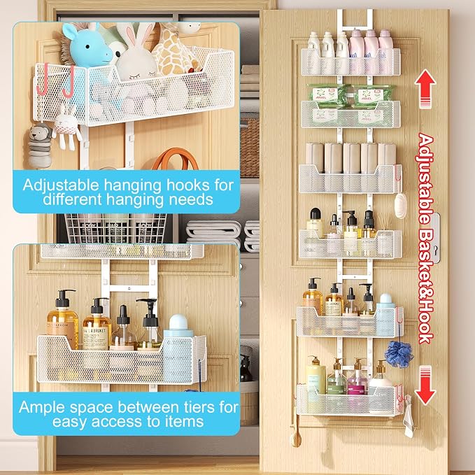 Hongtamoya Over The Door Organizer, Metal Hanging Door Organizer with 6 Adjustable Baskets and 5 Hooks, Behind The Door Storage for Closet Cabinet Kitchen Bathroom Bedroom Pantry Door Organizer, White - Image 4