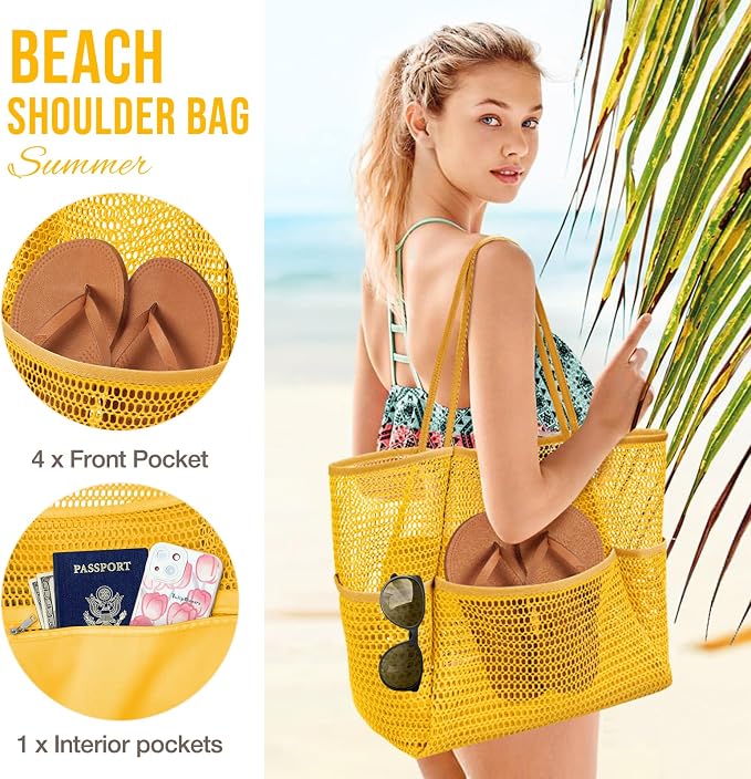 KPX Beach Bag with Mini Pocket, Summer Beach Tote Bags for Women Large Foldable Mesh Swimming Pool Travel Bags - Sandproof - Image 4