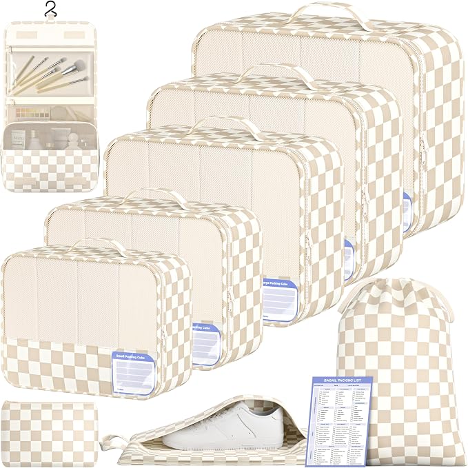 BAGAIL 9 Set Packing Cubes with Packing List Luggage Packing Organizers for Travel Accessories (Khaki checkered) by BAGAIL
