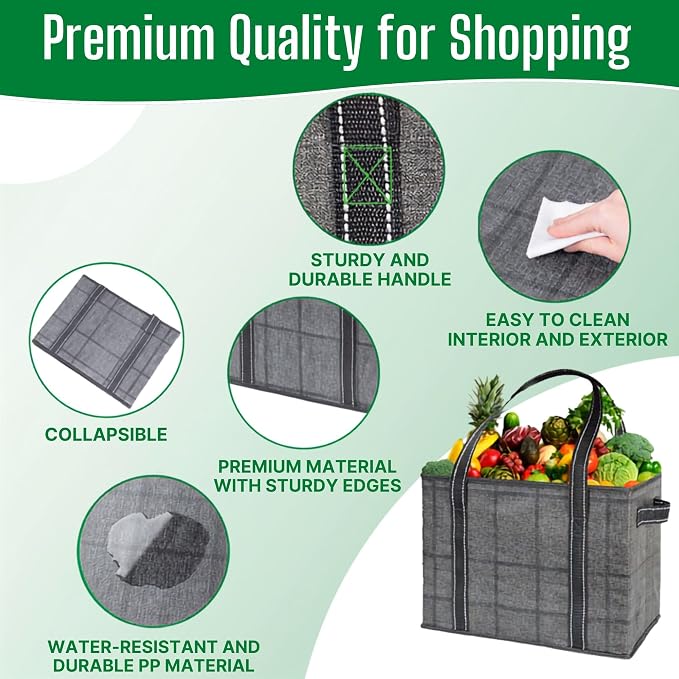 VENO 2 Pack Extra Large Reusable Grocery Shopping Bags Utility Tote | Water Resistant, Storage Box w/ Sturdy Side Handles & Hard Bottom, Foldable for Groceries Shopping Cart(Windowpane, 8 Gallon) - Image 4