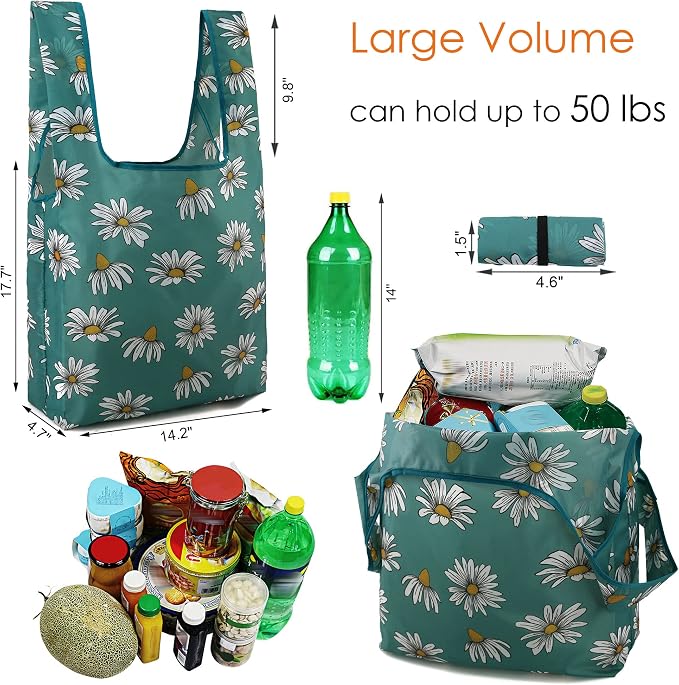 BeeGreen Large Flower Tote Bag - 12 Pack Heavy Duty Reusable Grocery Bags and Foldable Shopping Bags for Groceries, Cute Travel Reusable Gifts,Lightweight Washable Cloth Bag With Handles for Women​ - Image 3