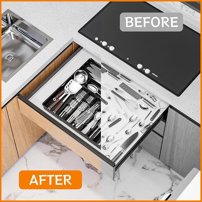 Black Expandable Silverware Drawer Organizer - Adjust From 11'' to 22'' - Knife,Cutlery,Spoons and Forks Organizer,Large 8 Grid Flatware,Silverware Tray,Utensil Organizer for Kitchen Drawers - Image 7