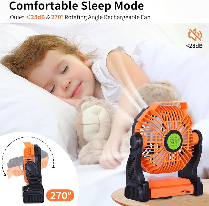 20000mAh Portable Fan Rechargeable Battery Powered Fan Camping Essentials | TDLOL Cordless Rechargeable Battery Operated Camping Fan with Light & Hook,USB Personal Fans Outdoor Beach Tent Travel Desk - Image 3