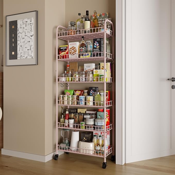 6 Tier Slim Rolling Storage Cart with Wheels, Metal Mobile Shelving Unit Organizer Utility Cart for Office Bathroom Kitchen Laundry Room Narrow Places (Pink 10 Inches) - Image 3