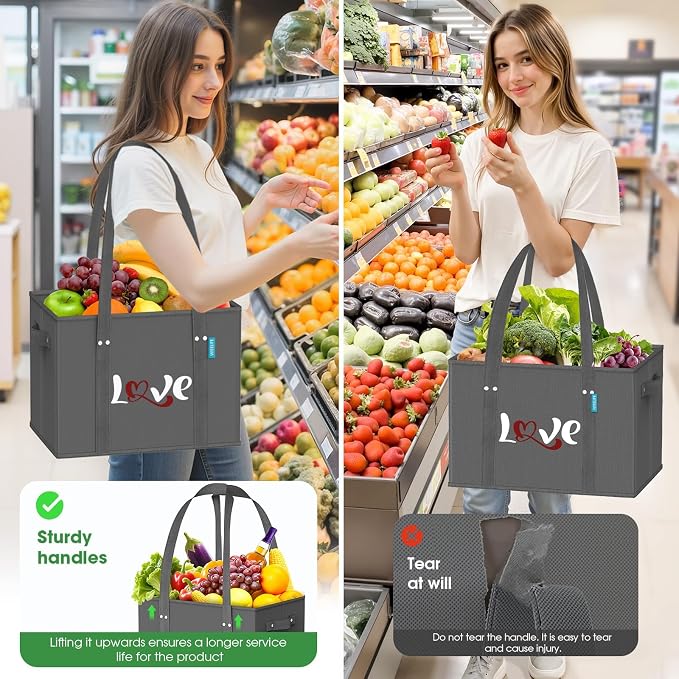 WISELIFE Reusable Grocery Bags 6 Pack Heavy Duty Foldable Shopping Tote Bags | 23L, with 11 inch Handles, Reinforced Bottom, Stand Up Stay Open, Waterproof, Foldable, Letter Print with Heart - Image 2