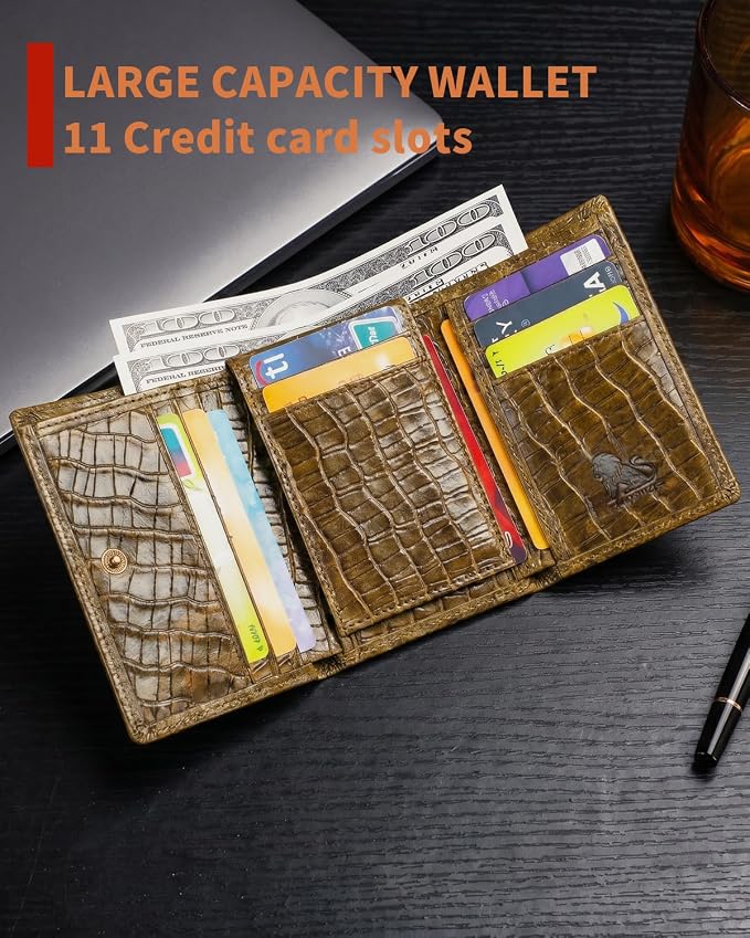 STEELLION Men's Trifold Wallet, Cowhide, 13 Card Slots, ID Window, RFID | Croc-embossed cowhide with a removable chain; practical organization for office, travel, and everyday carry (Brown) - Image 4