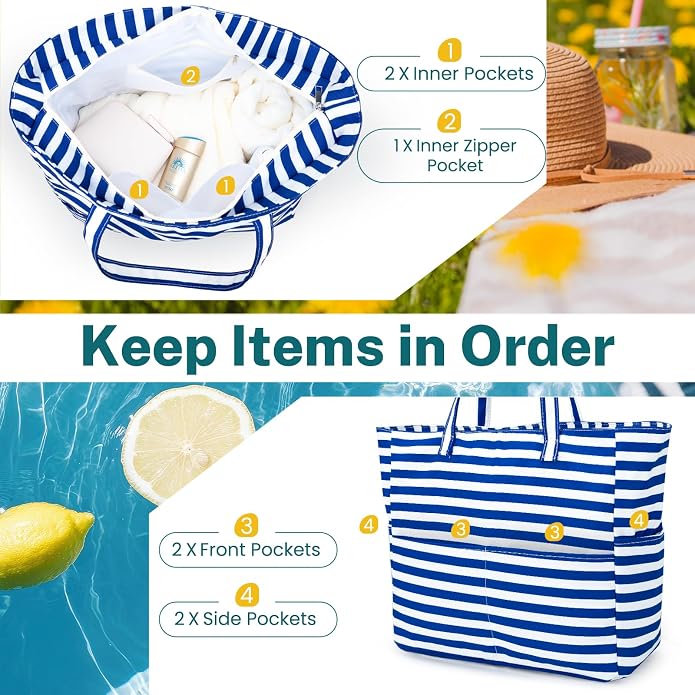 Iioscre Beach Bag for Women, Causal Hobo Handbags with Zipper Inner Pocket | Foldable Swim Tote Bag for Beach Vacation Essentials - Image 4