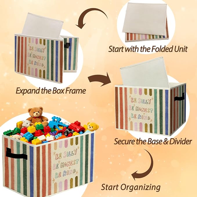 Rustic Inspirational Storage Bins & Boxes with Handles, Toys Books Clothes, Be Silly Honest Kind Colorful Striped Nursery Foldable Basket for Organizing Bedroom Toddler Room Playroom - Image 6