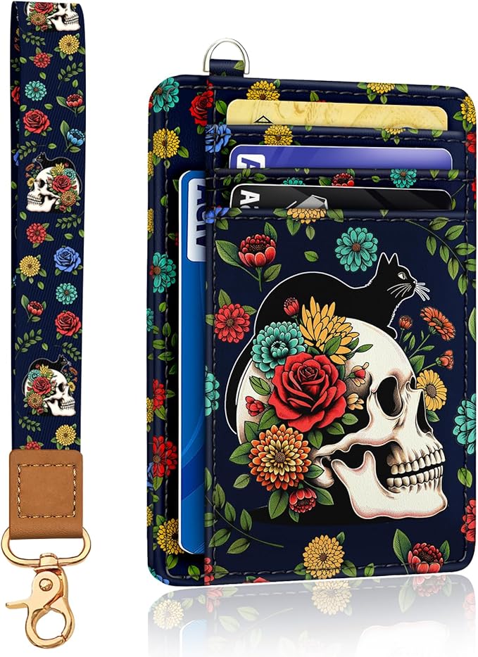 Yonlevres Skull Cat Credit Card Holder Slim RFID Wallet Women Wristlet Gift | Front Pocket, Handy, RFID Blocking, Woman Girls Ladies Gifts, D-ring for Keychain,Thin Mini Card Case, ID Window, PU Leather by Yonlevres