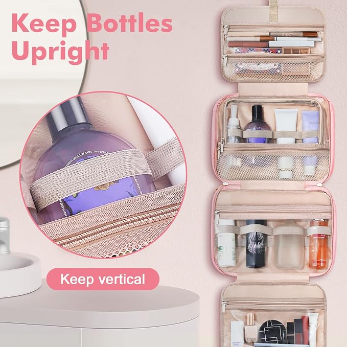 Toiletry Bag for Women, Large Cosmetic Travel Bag, Hanging Toiletry Bag for Bathroom, Thickened PVC Waterproof Travel Makeup Bag, Toiletries Bag for Travel Business Trips and Camping, Pink - Image 4