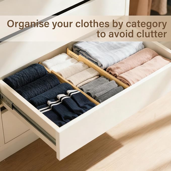 Adjustable Bamboo Drawer Dividers of 4, Expandable Organizers (16.9"-22.2") | Spring-Loaded Kitchen Drawer Organizer, Non-Slip Ends, 2.2" High, Easy Setup & Clean, for Kitchen, Dresser, Clothes, Bath - Image 6