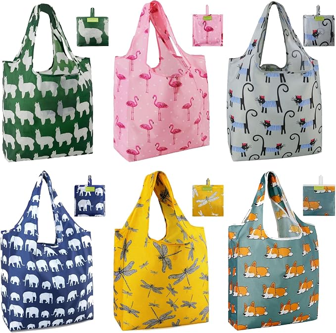 BeeGreen Animal Reusable Shopping Bags Cute Grocery Bag 6 Pack, Christmas Gift Bags Heavy-Duty Foldable Shopping Totes for Supermarket, Work & Travel, Large Washable Polyester Tote Bag with Handles by BeeGreen