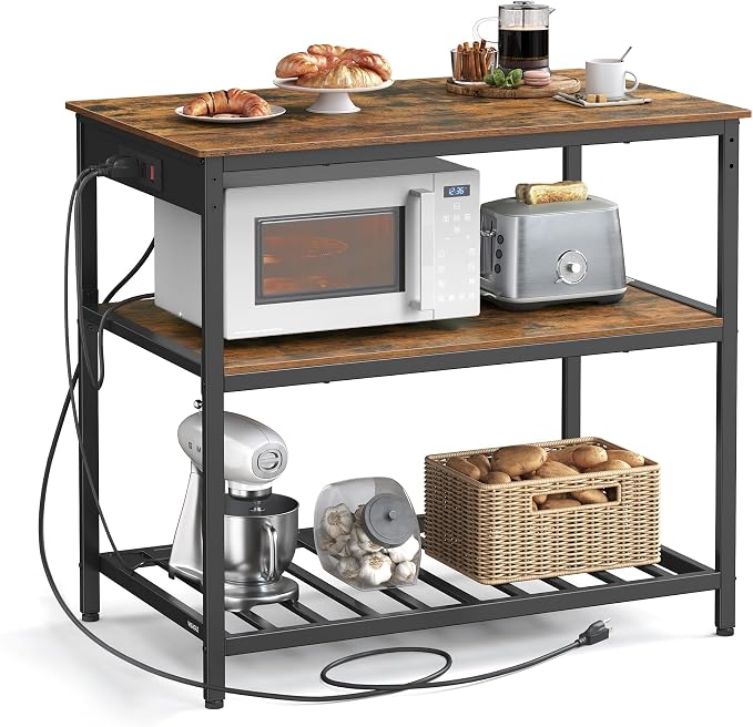 VASAGLE Kitchen Island with 3 Shelves, 39.4 Inches Width Kitchen Shelf with Power Strip, Large Worktop, Stable Steel Structure, Industrial, Easy to Assemble, Rustic Brown and Black UKKI105K01 by Unknown