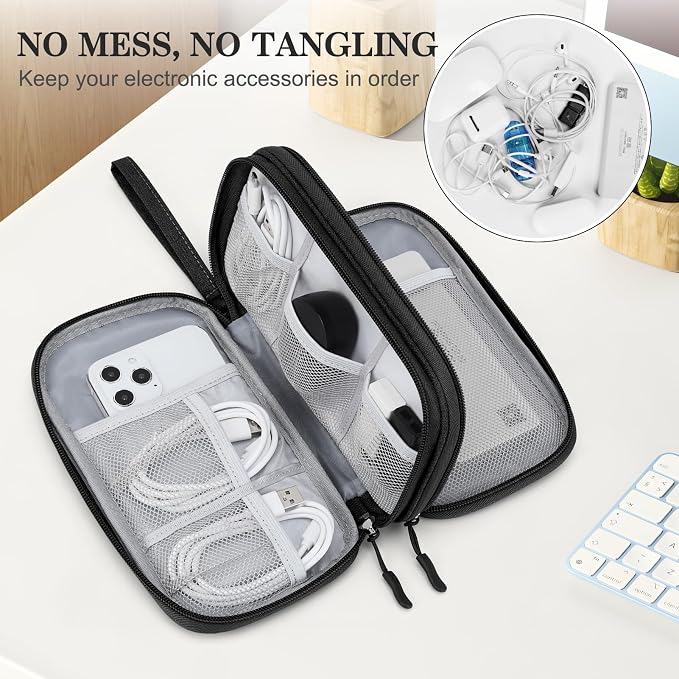 FYY Electronic Organizer, Travel Tech Pouch Bag, Medium, Black | Wrist Strap, Waterproof, Double Layers Portable Electronics Travel Carrying Case for Cord, Charger, Daily Business Trips Use - Image 5