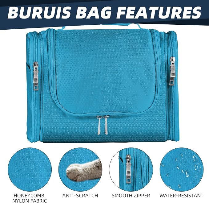 Buruis Hanging Toiletry Bag for Women and Men, Cosmetic Bag, Light Blue | Honeycomb Nylon Design, Large Capacity, Dual Zippers, Sturdy Hanging Hook, Full-Size Toiletry Storage, Cosmetic Essentials - Image 5