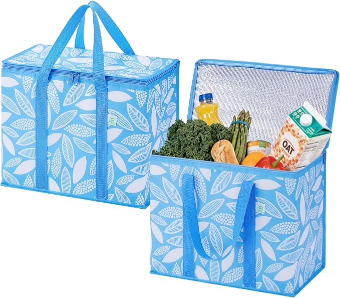 VENO 2 Pack Insulated Cooler Bag Reusable Grocery Bag for Food Delivery | Heavy Duty Large Collapsible Cooler Shopping Tote w/ Zippers, Foldable, Stands Upright for Camping (Spring Breeze, 2 Pack) by Veno