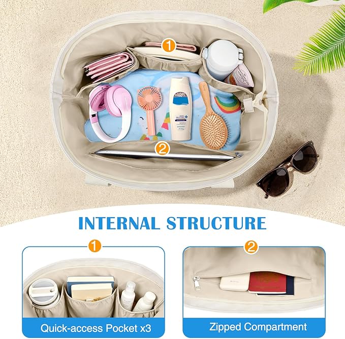 HUANLANG Large Beach Bags for Women Pool Bag with Zipper, Waterproof Sandproof Beach Tote Travel Bag with Wet Pocket - Image 5