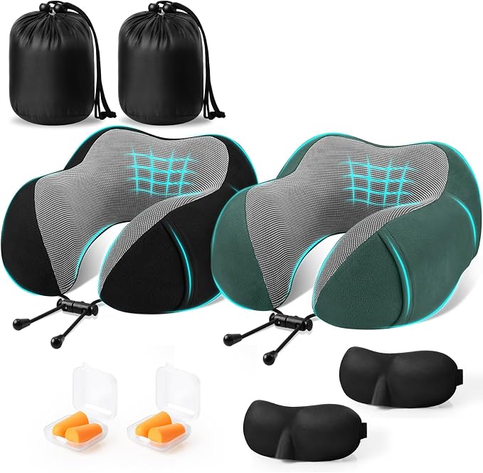 CloudBliss Memory Foam Travel Neck Pillow Airplane, 2 Pack, Black & Green by CloudBliss