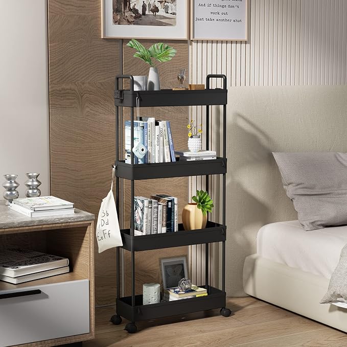 SOLEJAZZ Slim Rolling Storage Cart Skinny Bathroom Organizer, 4 Tier, Black | Thin utility cart with wheels for bathroom, laundry room, bedside, kitchen, dorm, office, next to fridge, small narrow places - Image 6