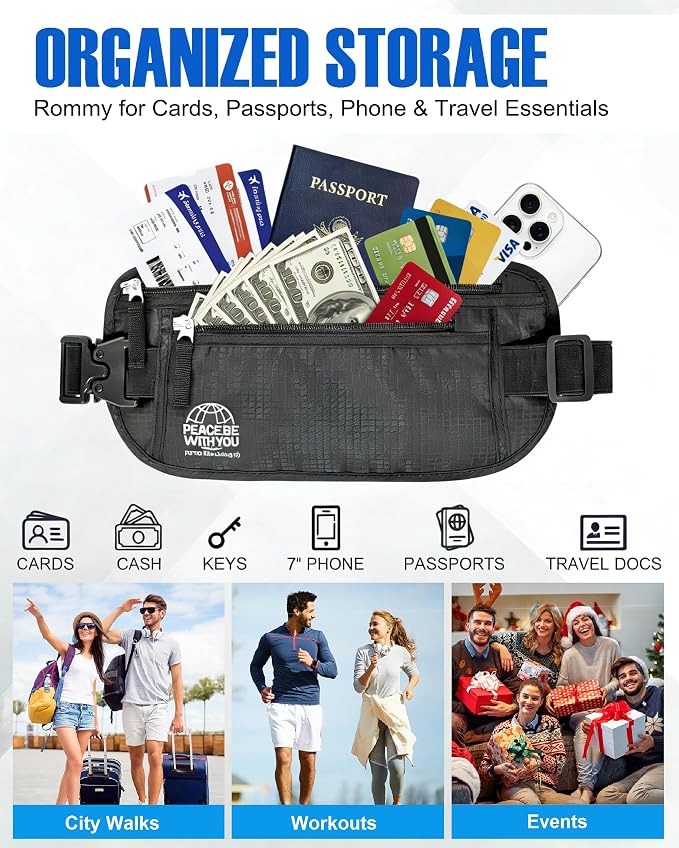 Money Belt for Travel, Passport Holder, RFID Blocking, Sweat-Proof, Black | 3rd Gen Hidden Waist Wallet Anti Theft to Protect Cash, Credit Cards and Documents Under-Clothes for Men & Women, Bamneat - Image 8