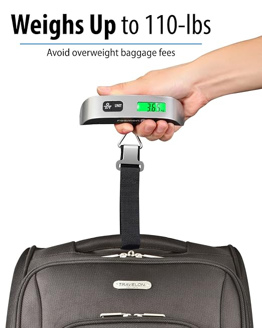 Fosmon Digital Luggage Scale, 110lbs Suitcase Baggage Scale, 1 Pack Silver | LCD Backlight Display, Temperature Sensor, Tare Function, Stainless Steel Heavy Duty, Hanging Suitcase Scale - Image 3